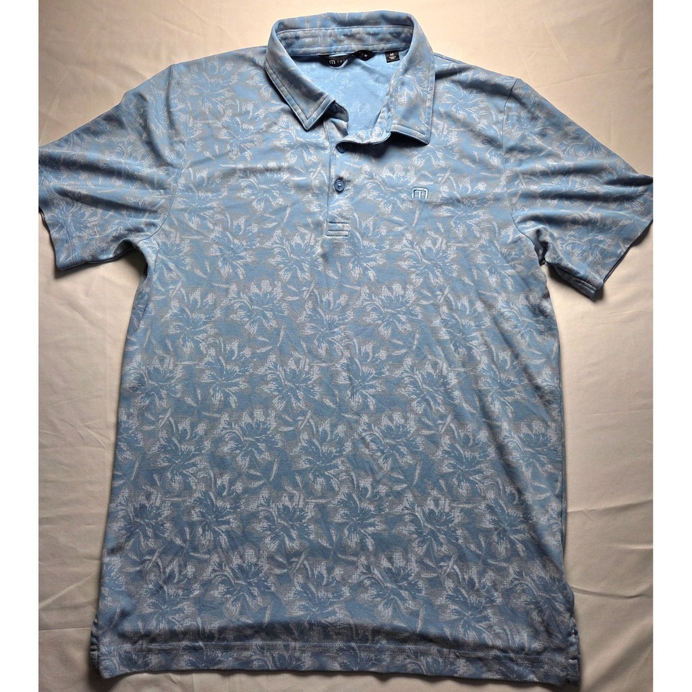 TravisMathew Mens Blue Floral Tropical Print Polo Shirt Size Medium Short Sleeve